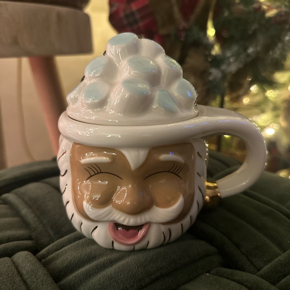 Glitterville Studios Santa Mug Naughty Nice mug with Marshmallow Coal Lid New